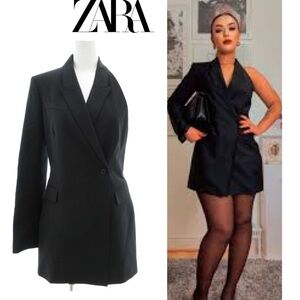 Zara Black Lapel Collar asymmetrical one sleeve double breasted blazer dress S